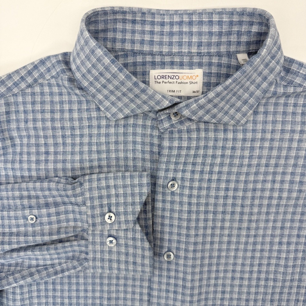 Lorenzo Uomo Button Down Men 17 36/37 Blue Plaid Trim Fit Long Sleeve Shirt